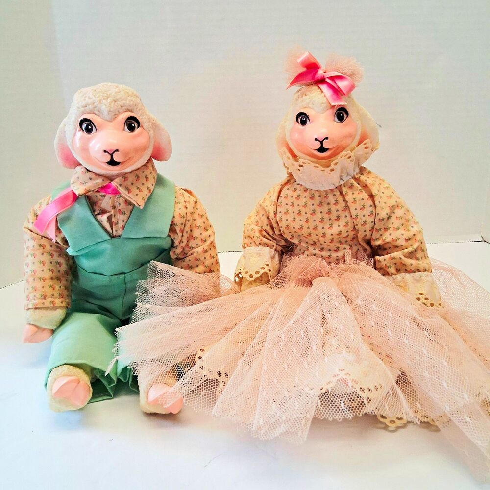 VTG Rag Lamb Dolls Resin Heads/Hands/Feet 14 in Boy Girl Country Cottage Decor